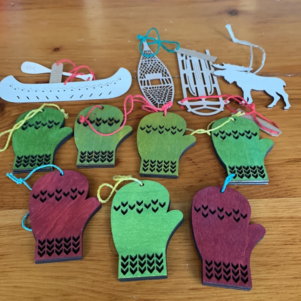 Holiday ornaments from 5 green wooden mittens, 2 red & four laser cut or…